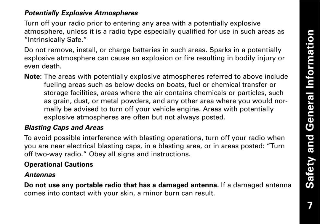 Motorola T5530, T5550 manual Potentially Explosive Atmospheres, Blasting Caps and Areas, Antennas 