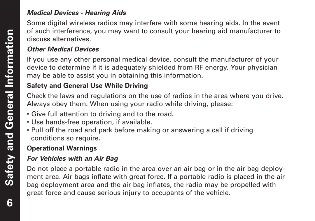 Motorola T5500, T5550 manual Medical Devices Hearing Aids, Other Medical Devices, For Vehicles with an Air Bag 