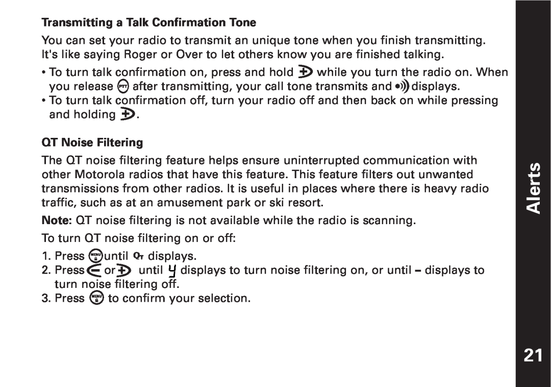 Motorola T5550, T5500 manual Alerts, Transmitting a Talk Confirmation Tone 