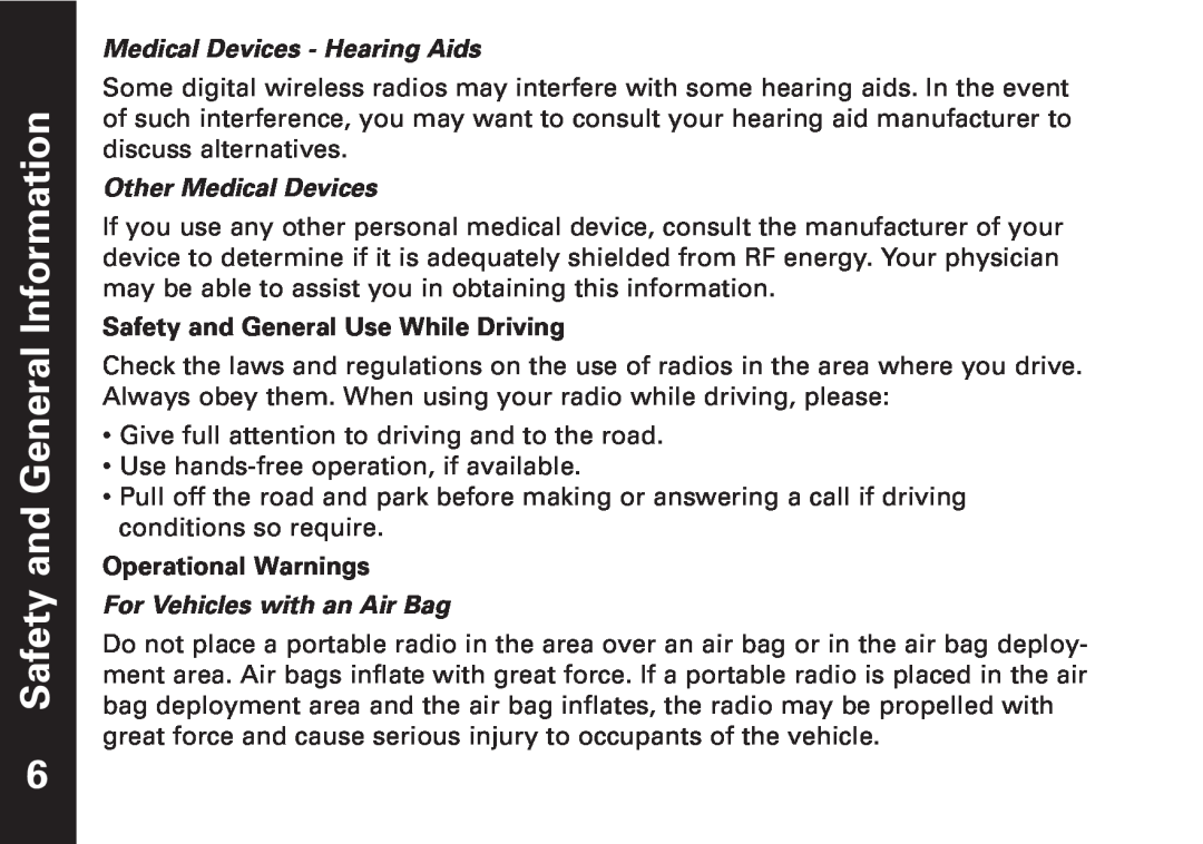 Motorola T5500, T5550 manual Medical Devices - Hearing Aids, Other Medical Devices, For Vehicles with an Air Bag 