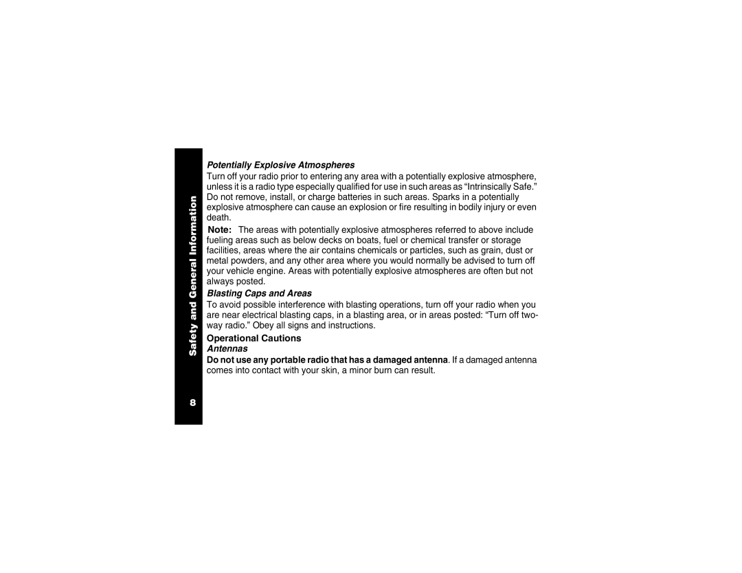 Motorola T5720, T5700, T5620 Potentially Explosive Atmospheres, Blasting Caps and Areas, Operational Cautions, Antennas 