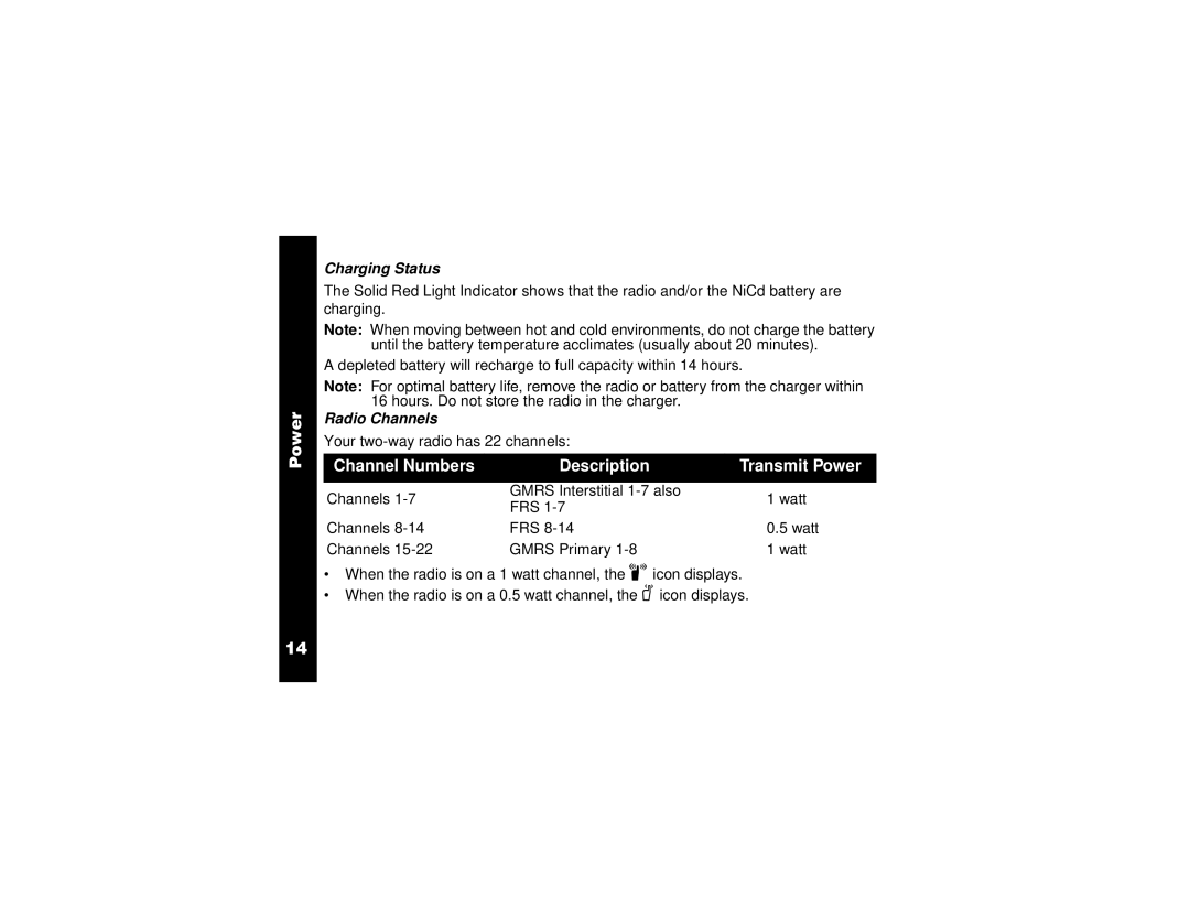 Motorola T5800, T5820 manual Channel Numbers Description Transmit Power, Charging Status 