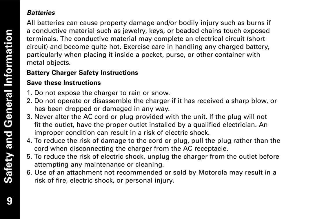 Motorola T5950 series manual Batteries, Battery Charger Safety Instructions 