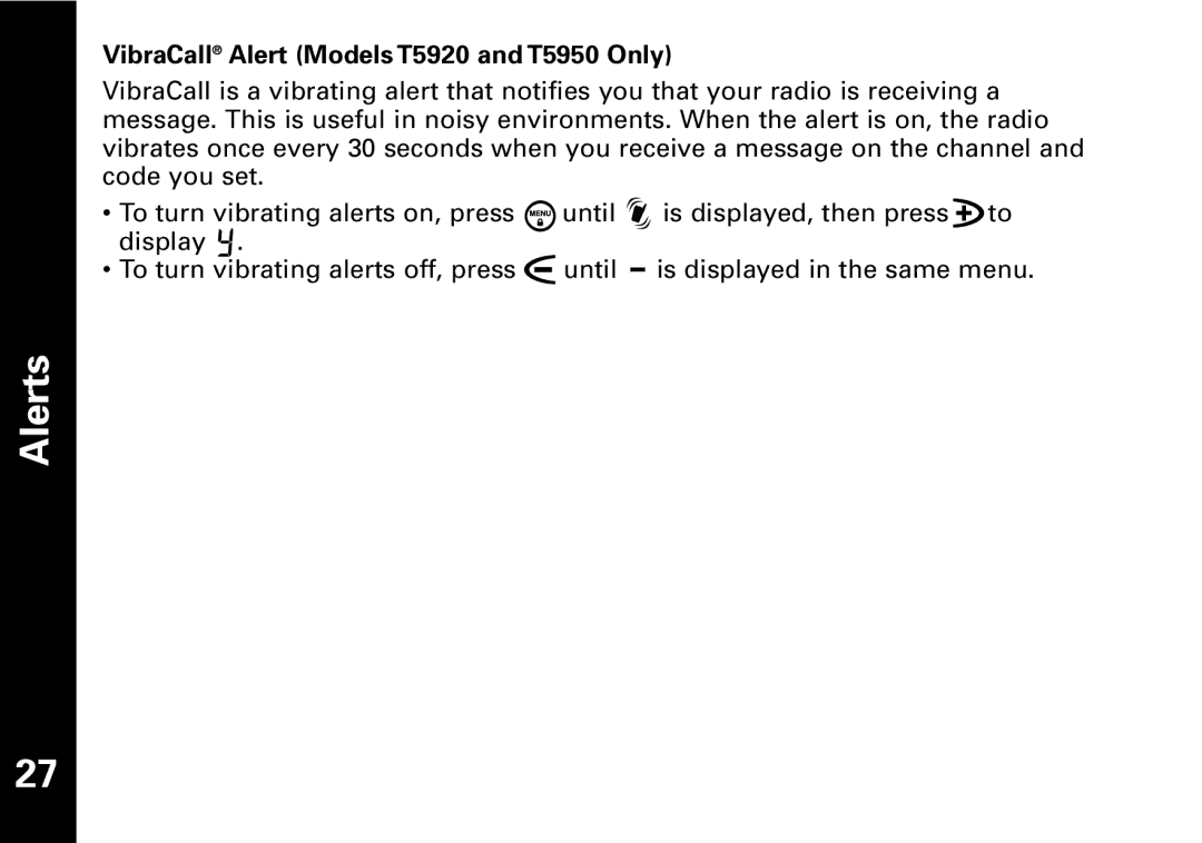 Motorola T5950 series manual VibraCall Alert Models T5920 and T5950 Only 