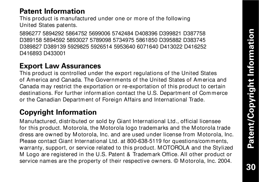 Motorola T5950 series manual Patent/Copyright Information, Patent Information, Export Law Assurances 