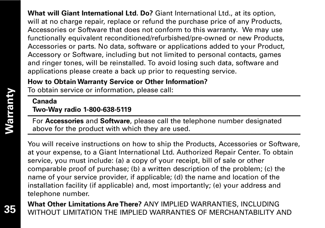 Motorola T5950 series manual How to Obtain Warranty Service or Other Information?, Canada Two-Way radio 