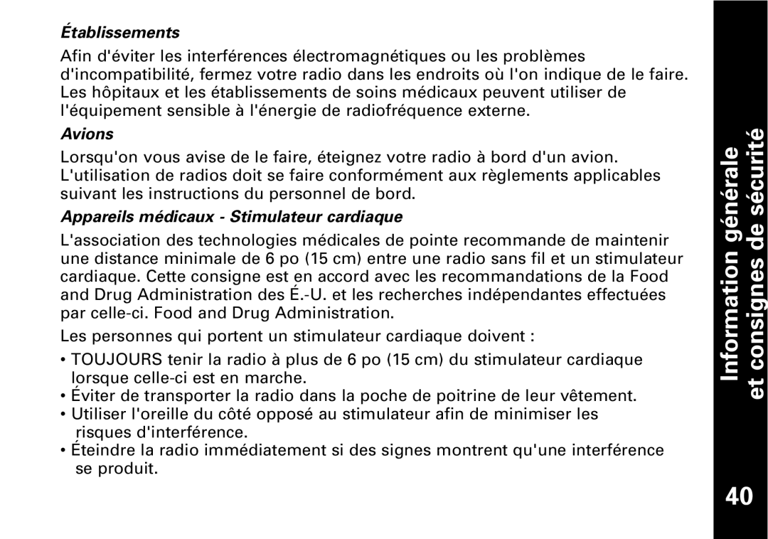 Motorola T5950 series manual Établissements, Avions, Appareils médicaux Stimulateur cardiaque 