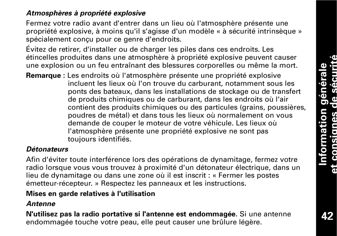 Motorola T5950 series manual Atmosphères à propriété explosive, Détonateurs, Mises en garde relatives à lutilisation 