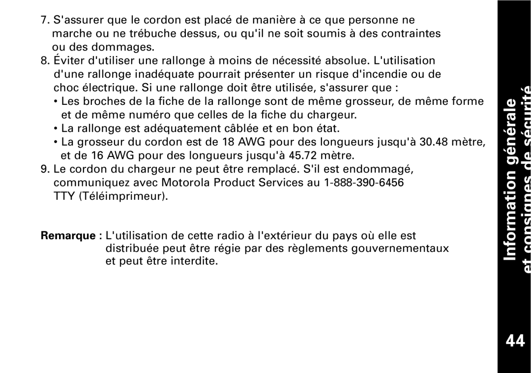 Motorola T5950 series manual Information générale et consignes de sécurité 