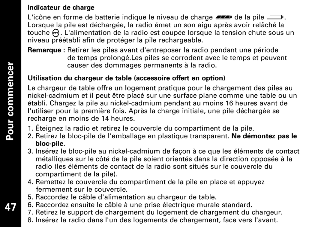 Motorola T5950 series manual Indicateur de charge, Bloc-pile 