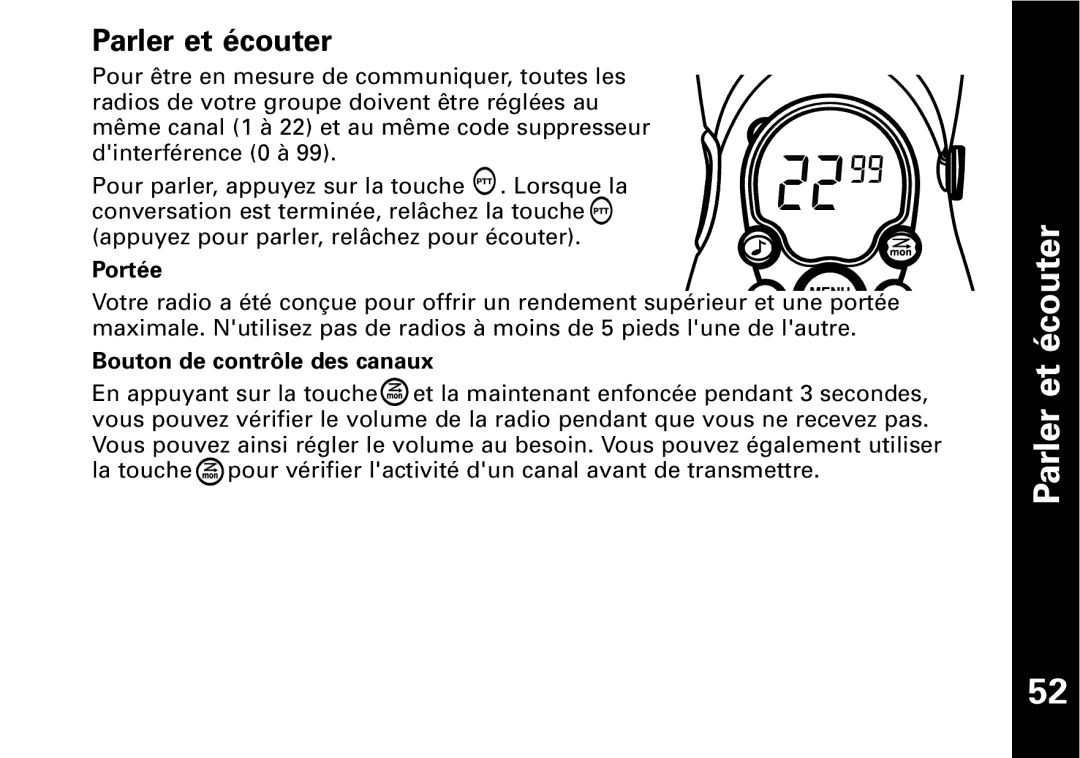 Motorola T5950 series manual Parler et écouter, Portée, Bouton de contrôle des canaux 