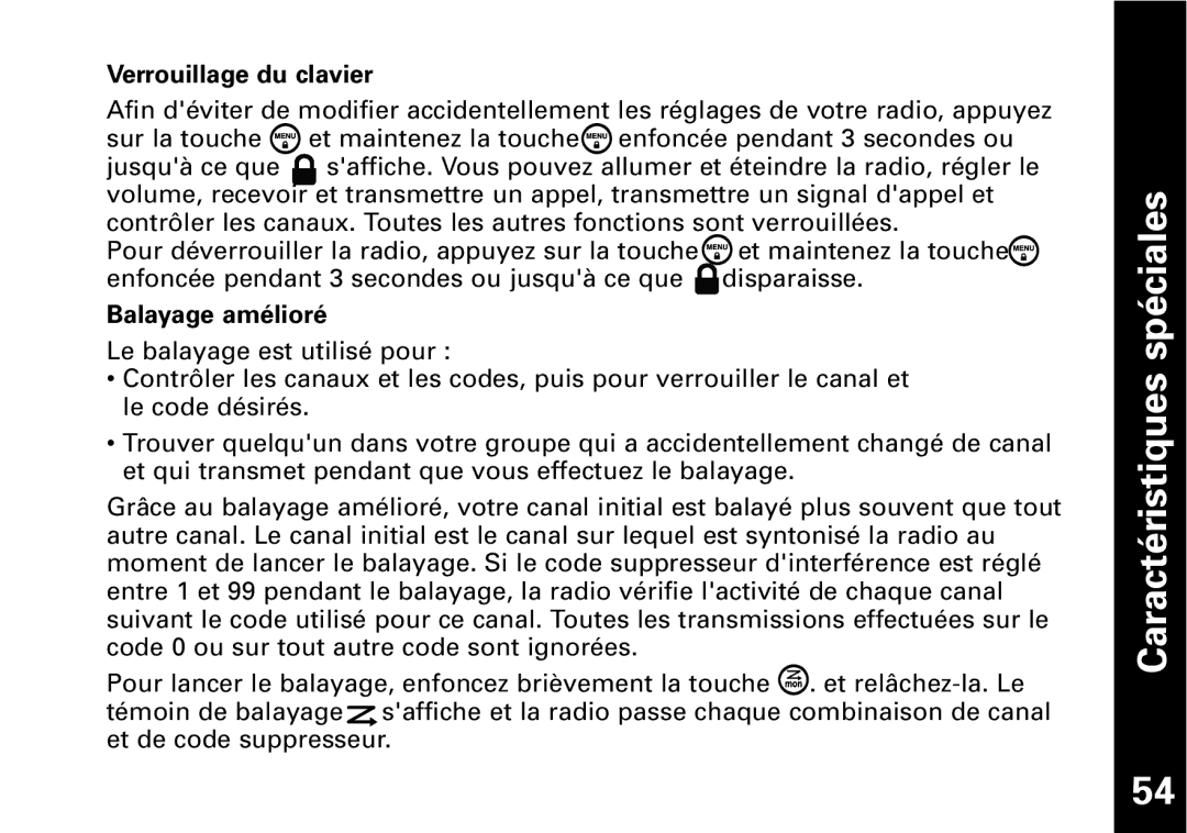 Motorola T5950 series manual Verrouillage du clavier, Balayage amélioré 