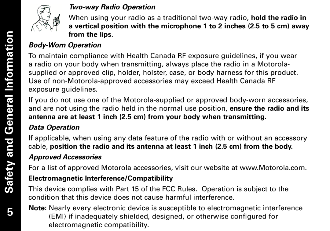 Motorola T5950 series manual Two-way Radio Operation, Body-Worn Operation, Data Operation, Approved Accessories 