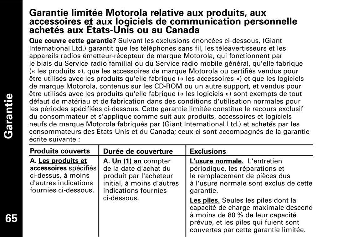 Motorola T5950 series manual Garantie, Produits couverts Durée de couverture Exclusions 