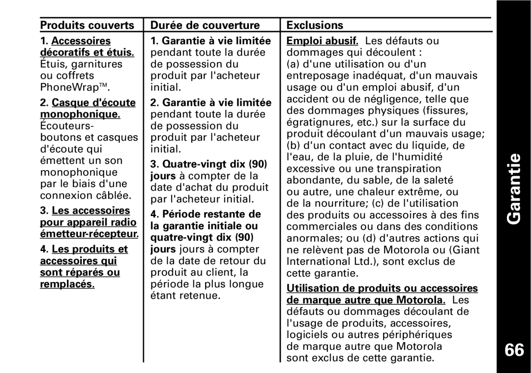 Motorola T5950 series manual Accessoires Garantie à vie limitée 