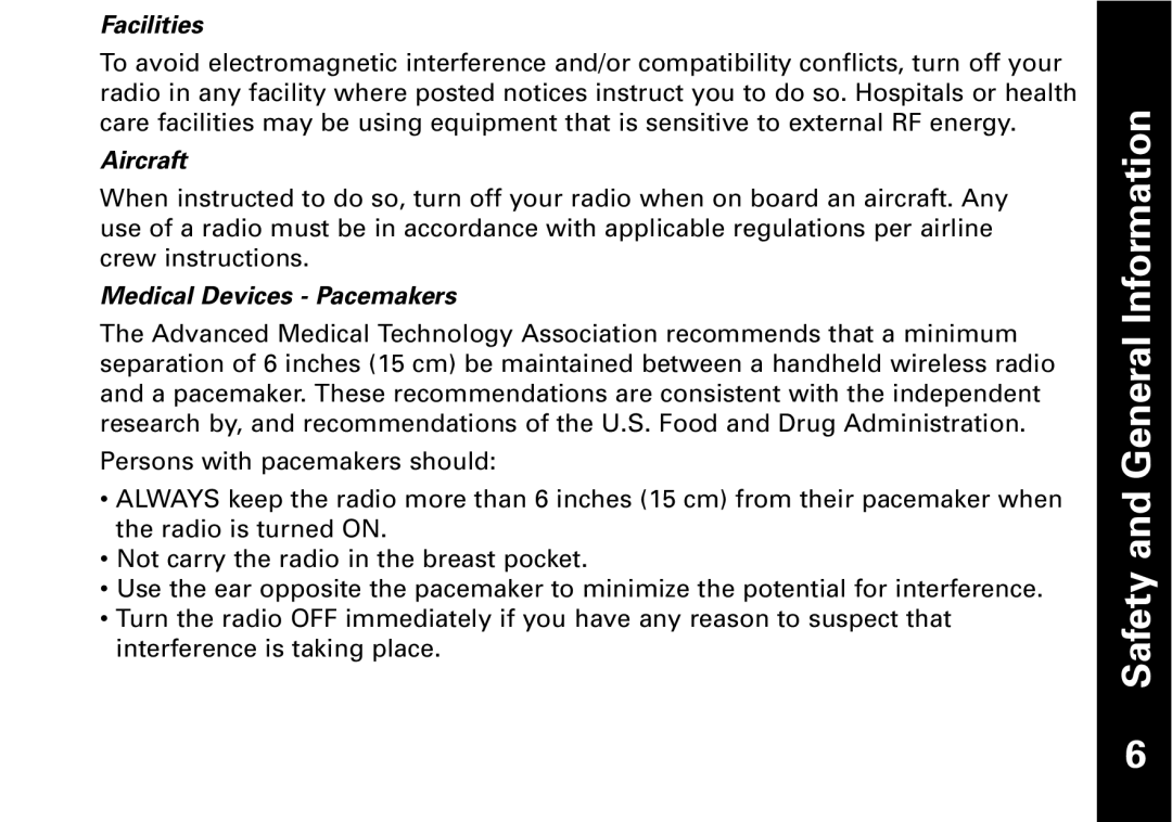 Motorola T5950 series manual Facilities, Aircraft, Medical Devices Pacemakers 