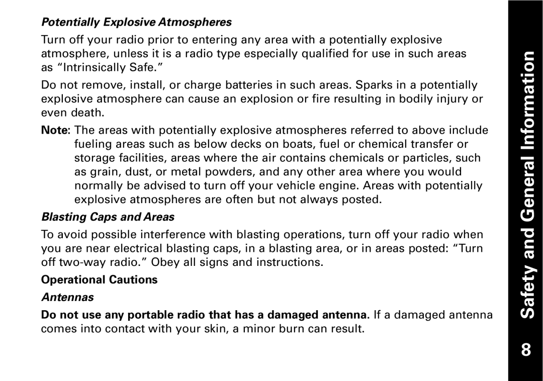 Motorola T5950 series manual Potentially Explosive Atmospheres, Blasting Caps and Areas, Operational Cautions, Antennas 