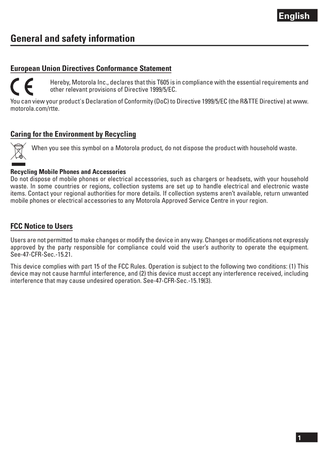 Motorola T605 manual General and safety information, European Union Directives Conformance Statement, FCC Notice to Users 