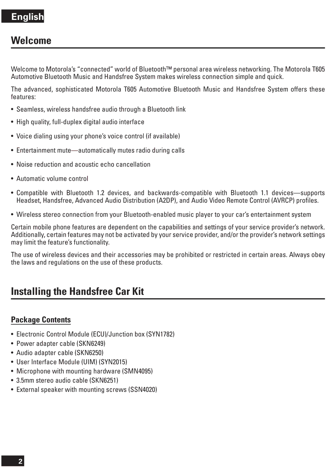 Motorola T605 manual Welcome, Installing the Handsfree Car Kit, Package Contents 