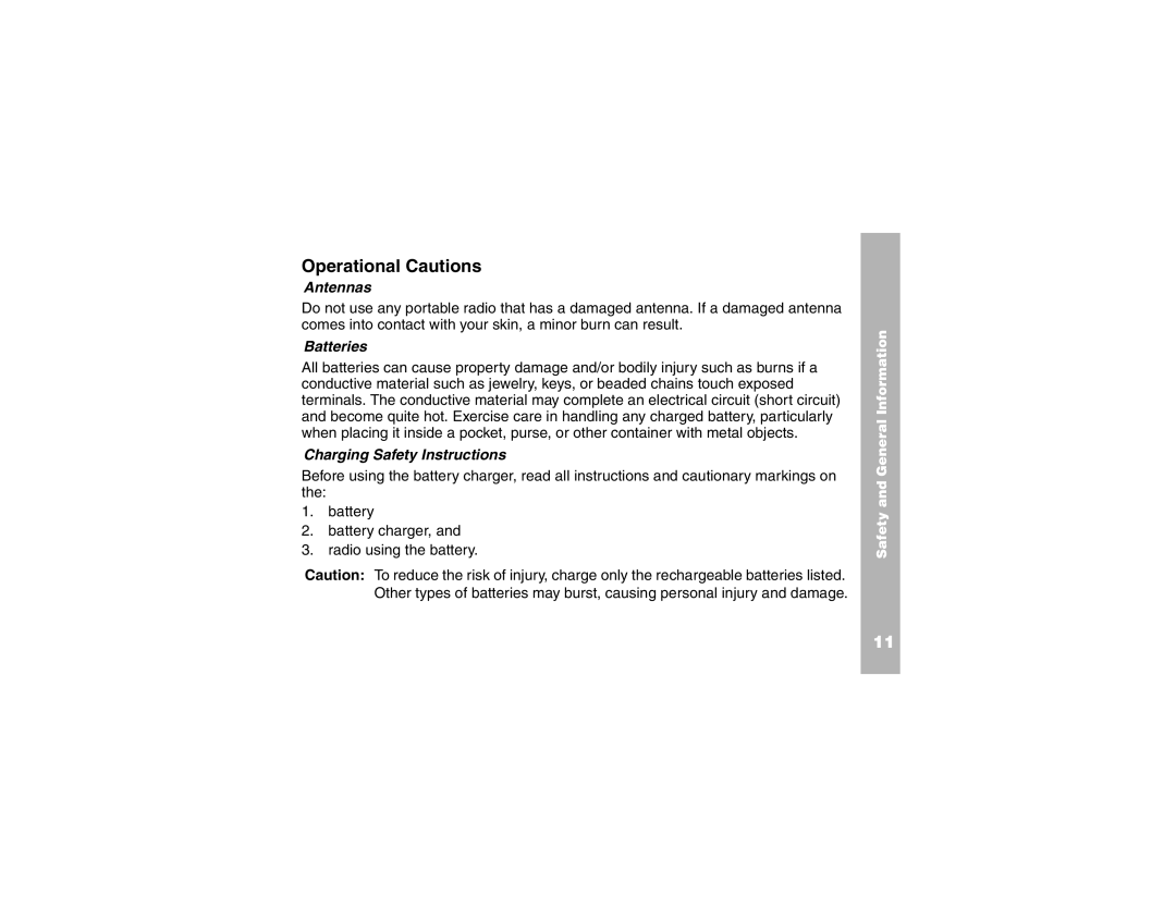 Motorola and T6220, T6200 manual Operational Cautions, Antennas, Batteries, Charging Safety Instructions 