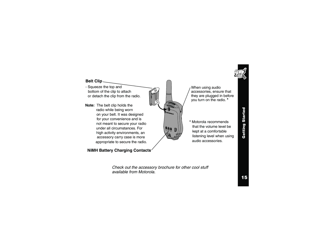 Motorola and T6220, T6200 manual Belt Clip, NiMH Battery Charging Contacts 