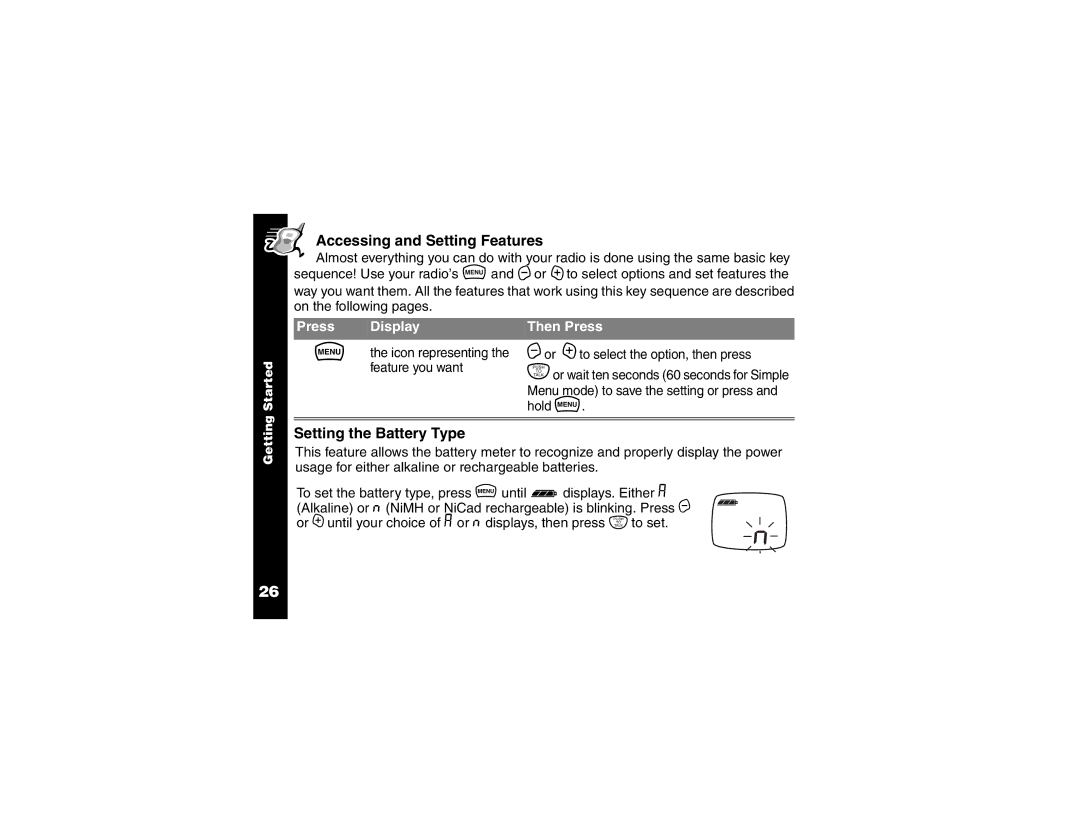 Motorola T6200, and T6220 manual Accessing and Setting Features, Setting the Battery Type 