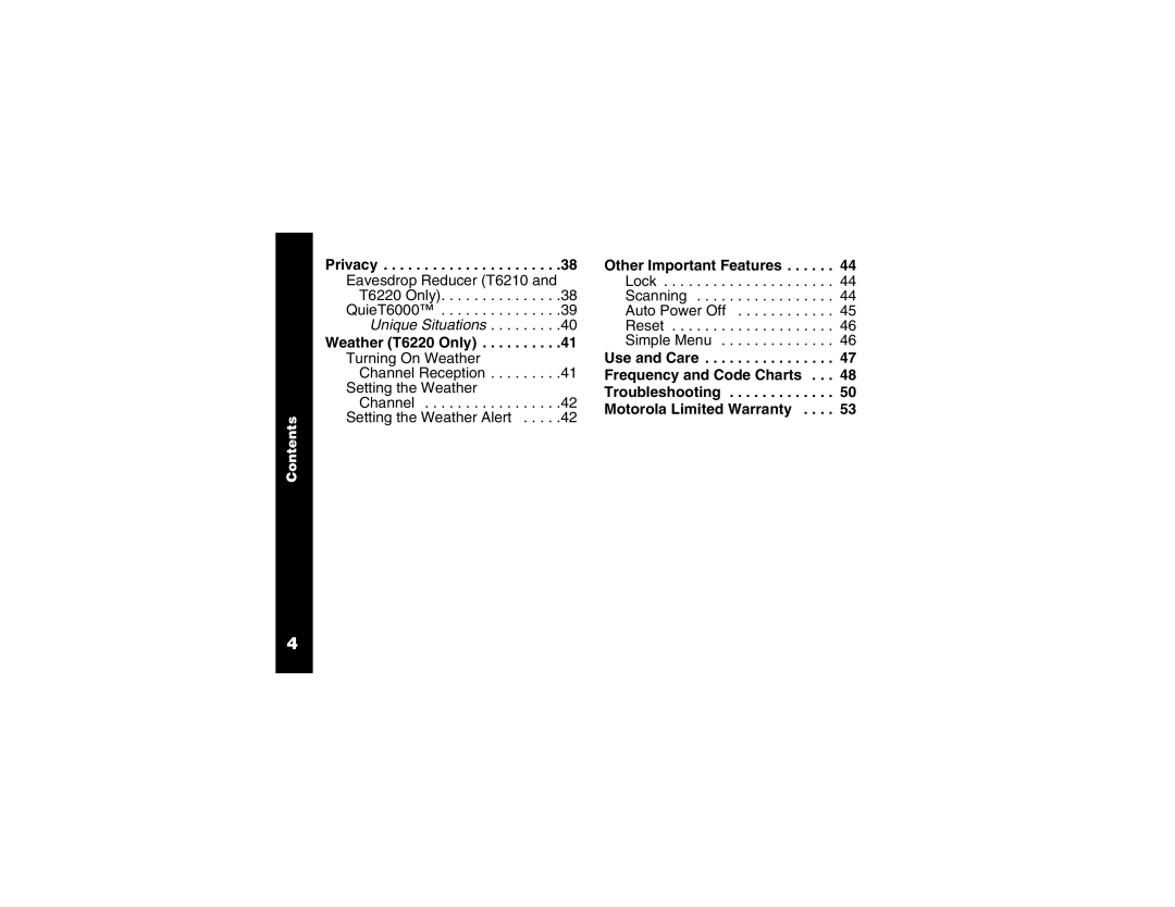 Motorola T6200, and T6220 Other Important Features, Frequency and Code Charts, Troubleshooting, Motorola Limited Warranty 