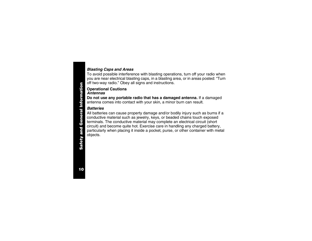 Motorola T6250 manual Blasting Caps and Areas, Operational Cautions, Antennas, Batteries 