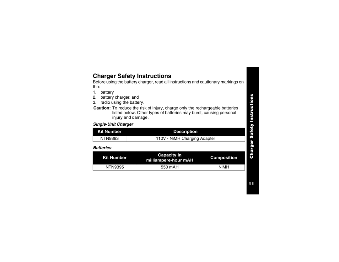 Motorola T6250 Charger Safety Instructions, Kit Number Description, Kit Number Capacity Composition, Single-Unit Charger 