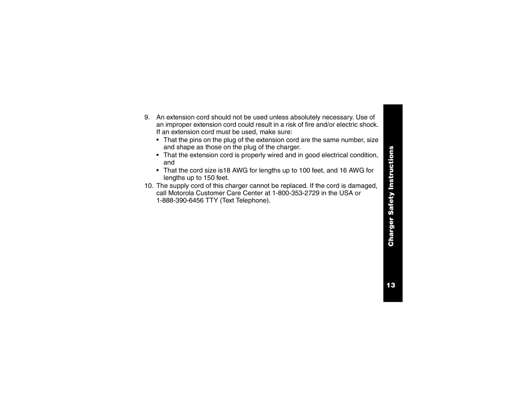 Motorola T6250 manual Charger Safety Instructions 