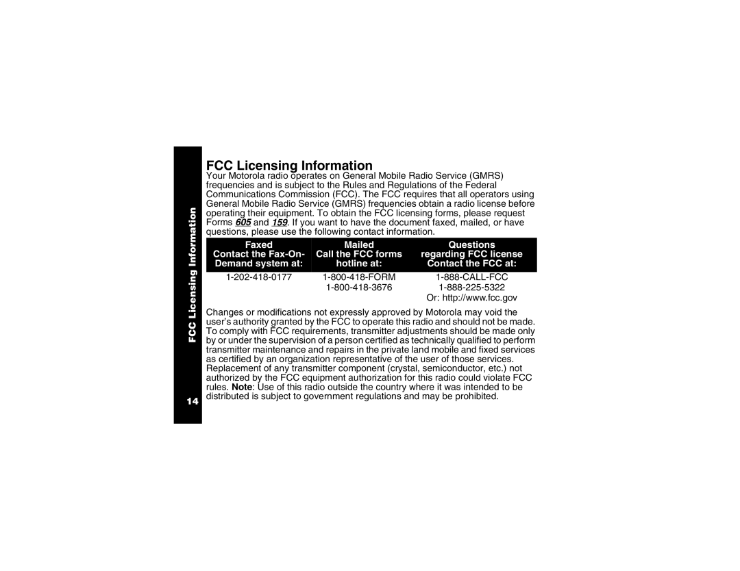 Motorola T6250 manual FCC Licensing Information, Faxed Mailed Questions 