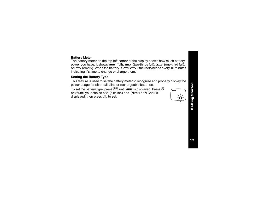 Motorola T6250 manual Battery Meter, Setting the Battery Type 