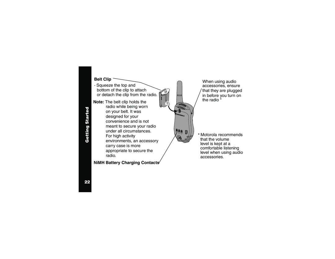 Motorola T6250 manual Belt Clip, NiMH Battery Charging Contacts 