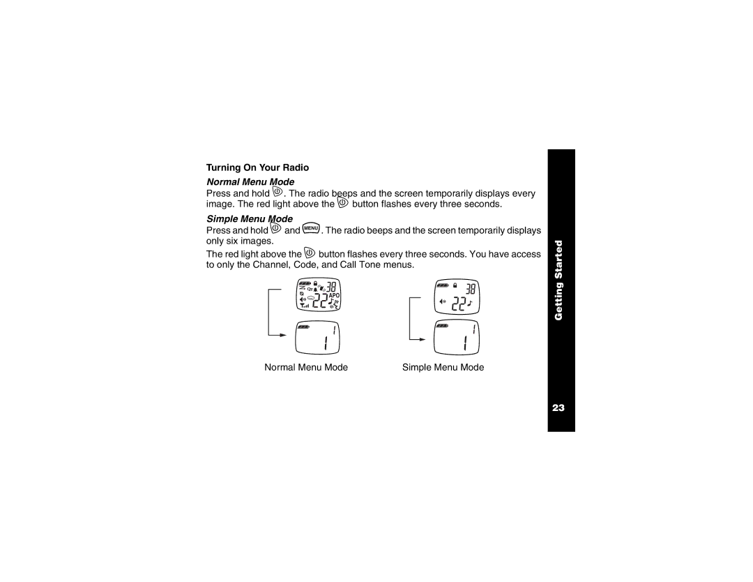 Motorola T6250 manual Turning On Your Radio, Normal Menu Mode, Simple Menu Mode 