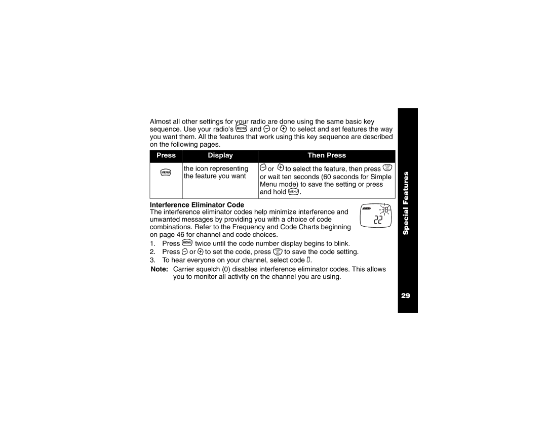 Motorola T6250 manual Press Display Then Press, Interference Eliminator Code 