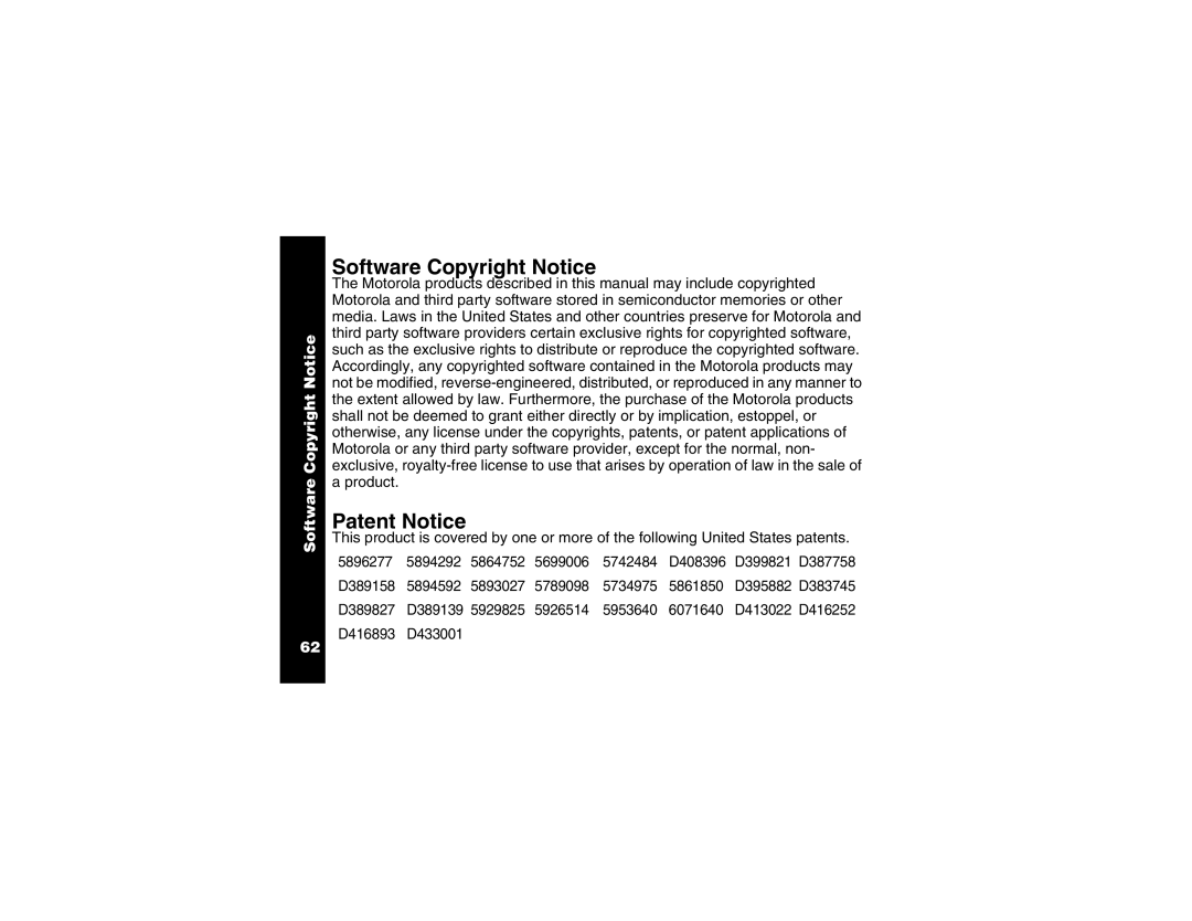 Motorola T6250 manual Software Copyright Notice, Patent Notice 