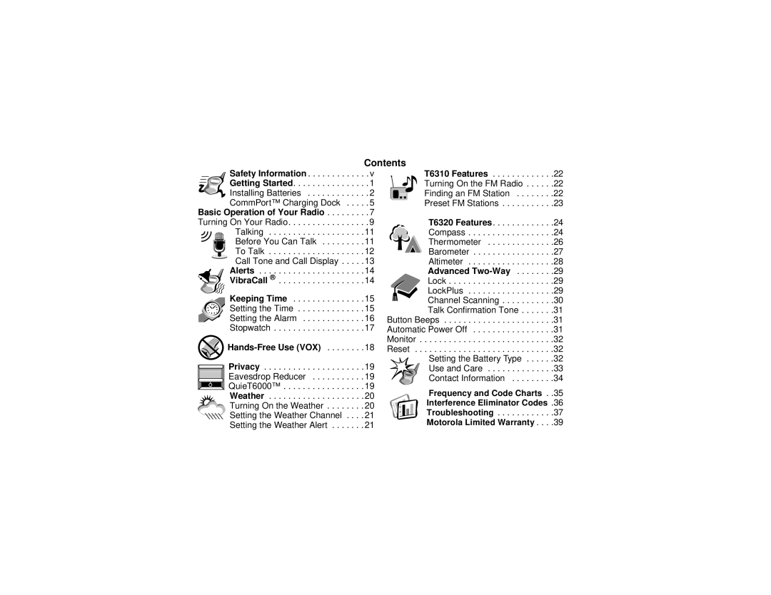 Motorola T6320, T6300, T6310 manual Contents 