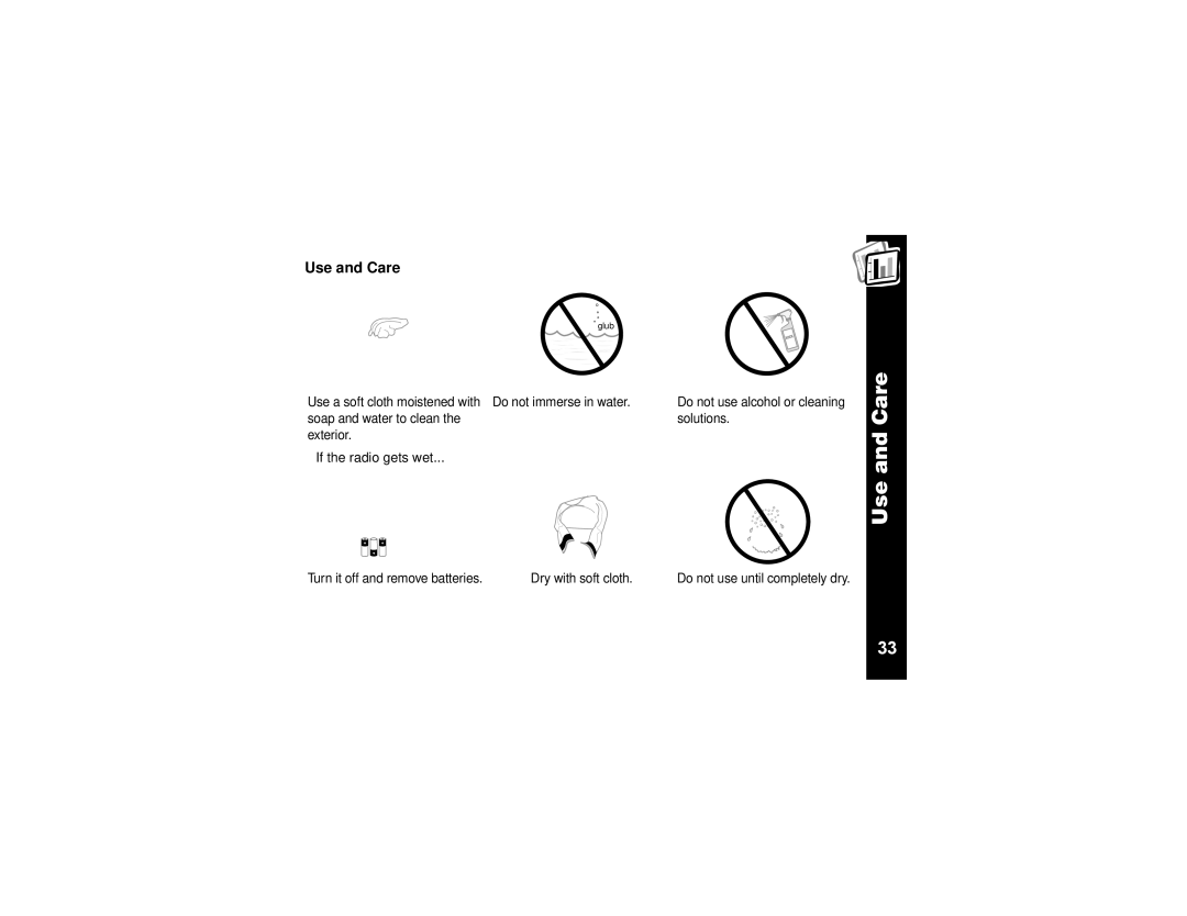 Motorola T6320, T6300, T6310 manual Use and Care, If the radio gets wet 