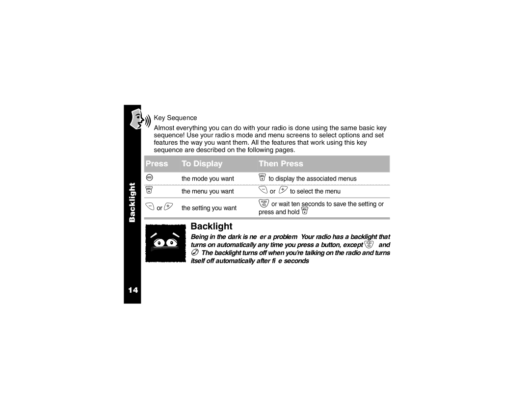 Motorola T6400 manual Backlight, Key Sequence 