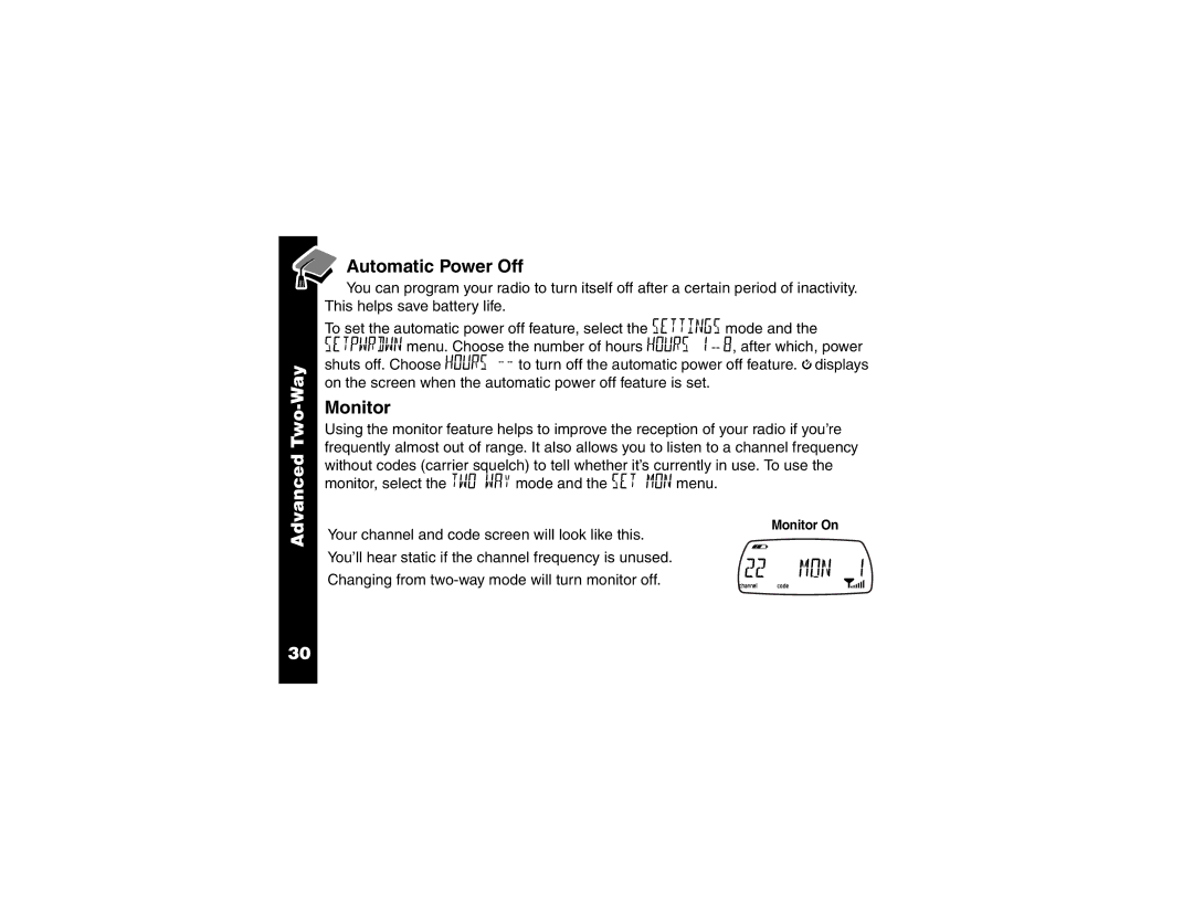 Motorola T6400 manual Automatic Power Off, Monitor 