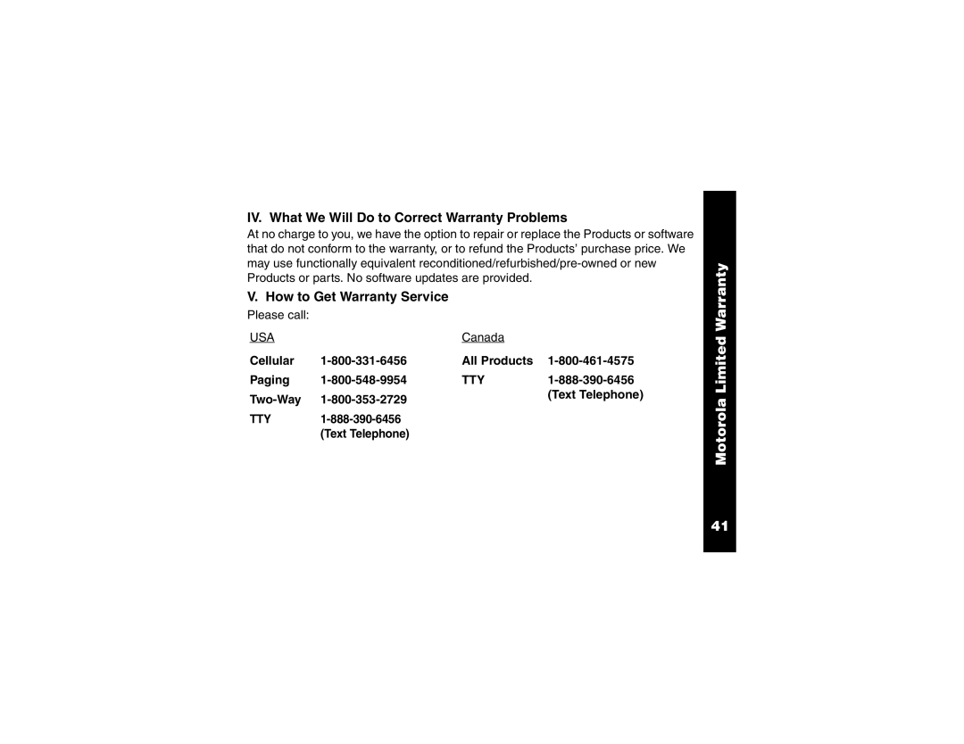 Motorola T6400 manual IV. What We Will Do to Correct Warranty Problems, How to Get Warranty Service 