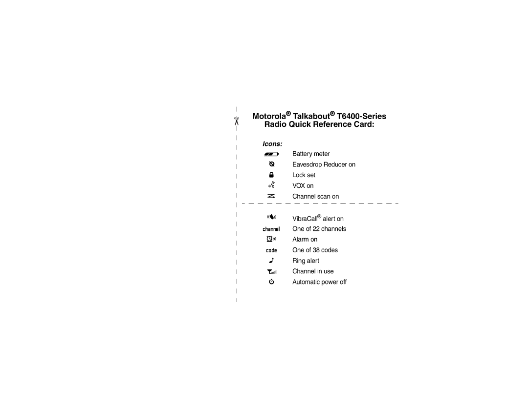 Motorola manual Motorola Talkabout T6400-Series Radio Quick Reference Card, Icons 