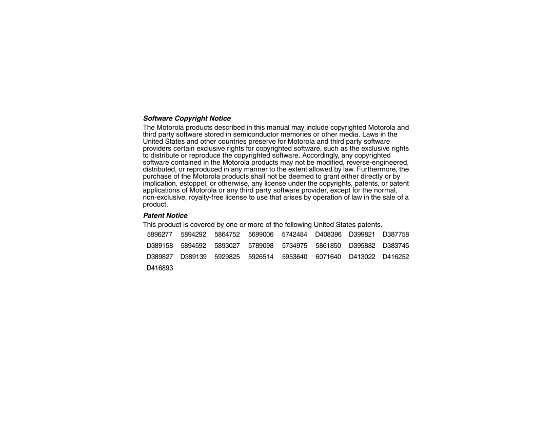 Motorola T6400 manual Software Copyright Notice, Patent Notice 