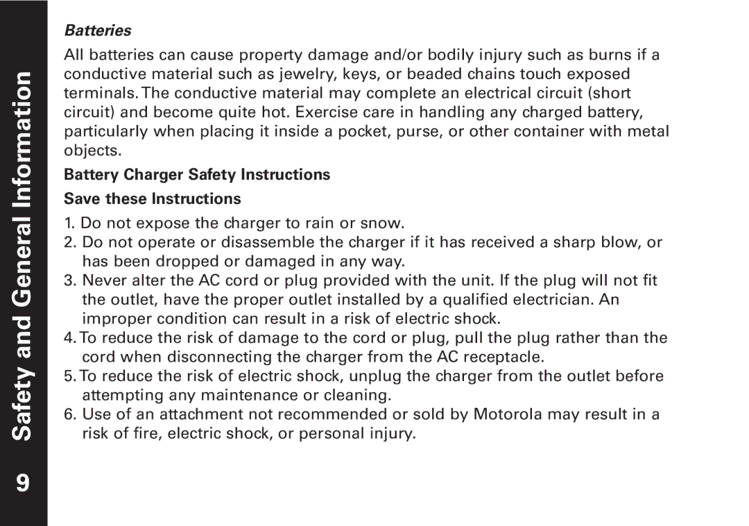 Motorola T6500 manual Batteries, Battery Charger Safety Instructions 