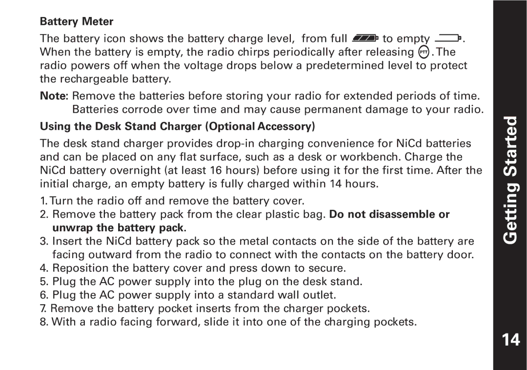 Motorola T6500 manual Battery Meter, Using the Desk Stand Charger Optional Accessory 