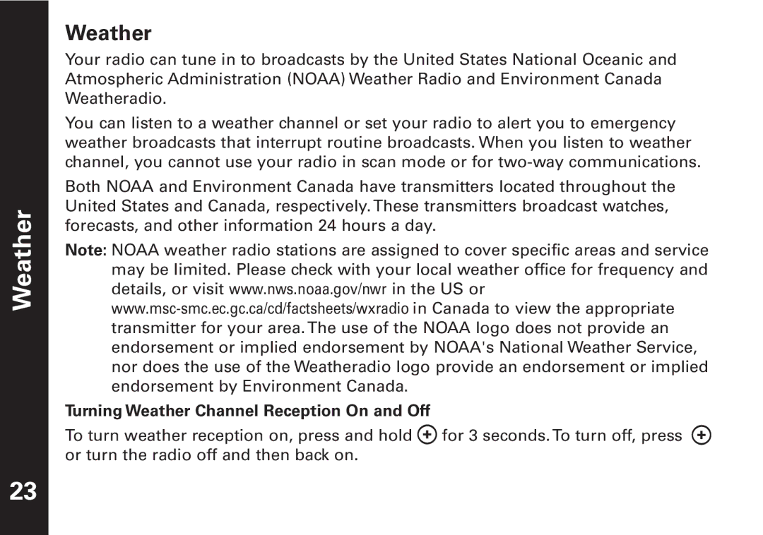 Motorola T6500 manual Turning Weather Channel Reception On and Off 