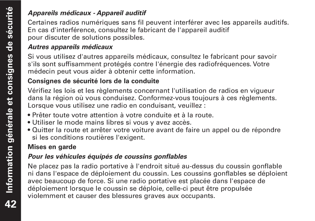 Motorola T6500 Appareils médicaux Appareil auditif, Autres appareils médicaux, Consignes de sécurité lors de la conduite 