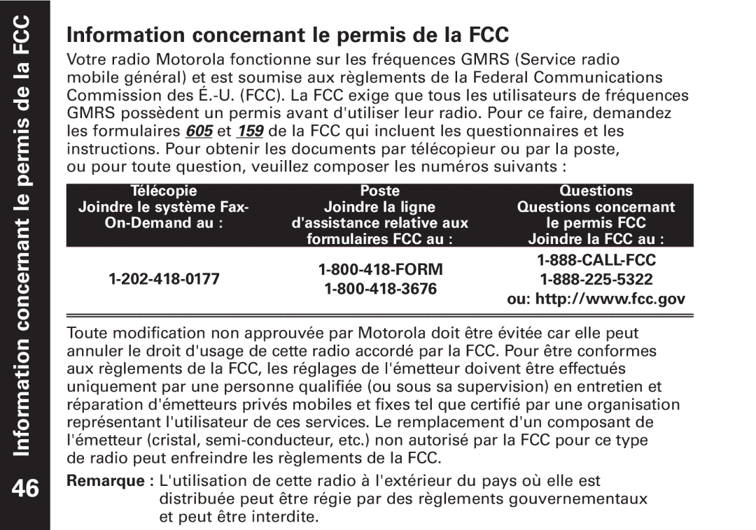 Motorola T6500 manual Information concernant le permis de la FCC 