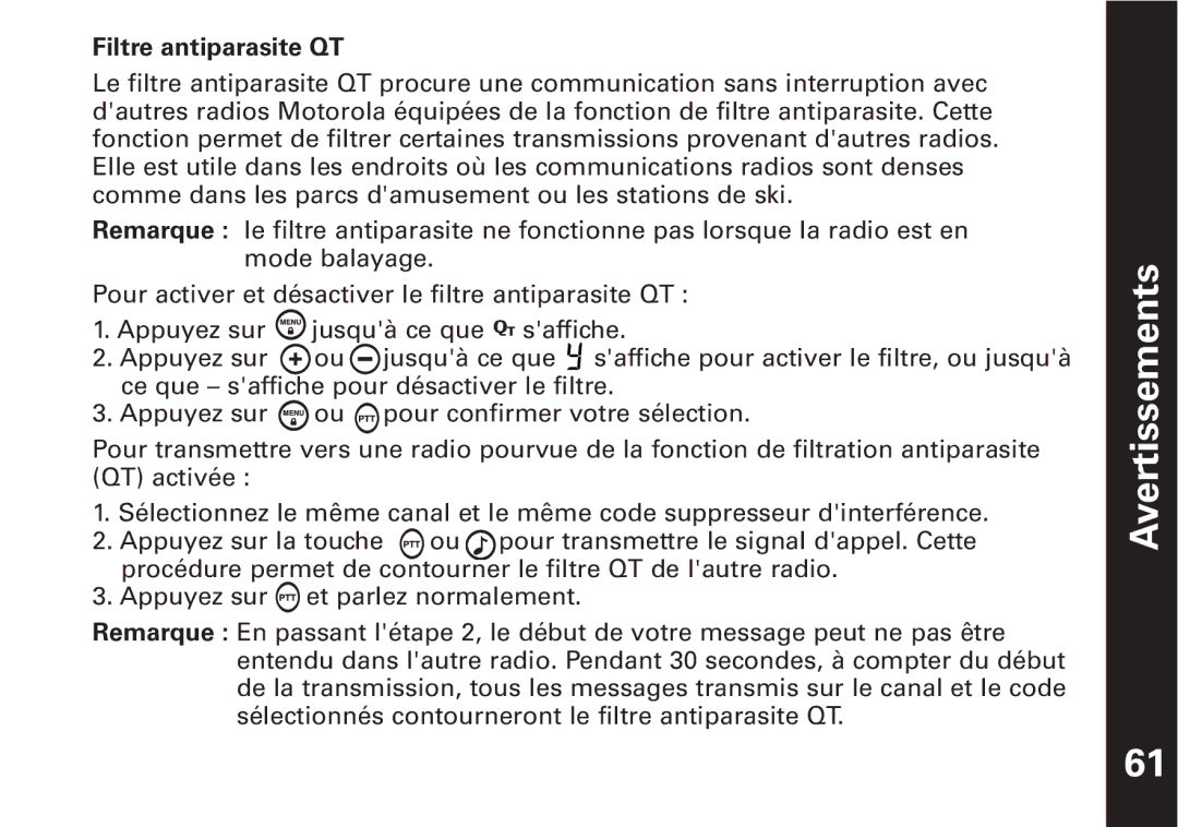 Motorola T6500 manual Filtre antiparasite QT 