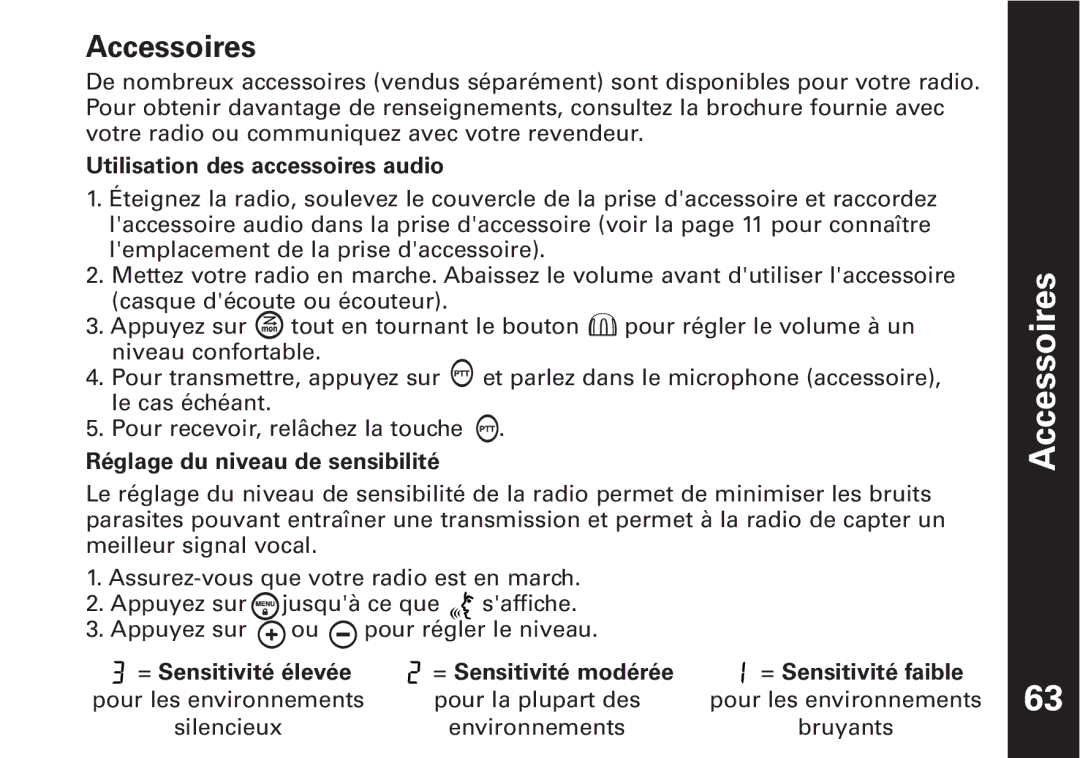 Motorola T6500 manual Accessoires, Utilisation des accessoires audio, Réglage du niveau de sensibilité 